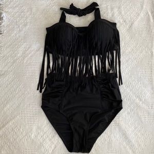 Black Fringe Unbranded Two Piece Bathing Suite NWOT Large